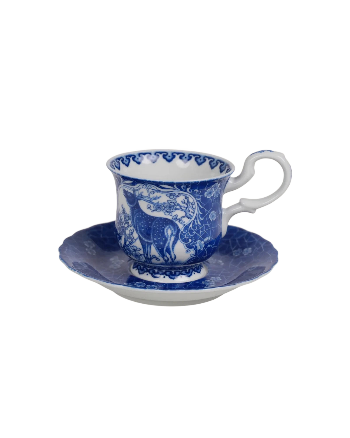 Front view of the Deer in Silent Snow porcelain cup and saucer