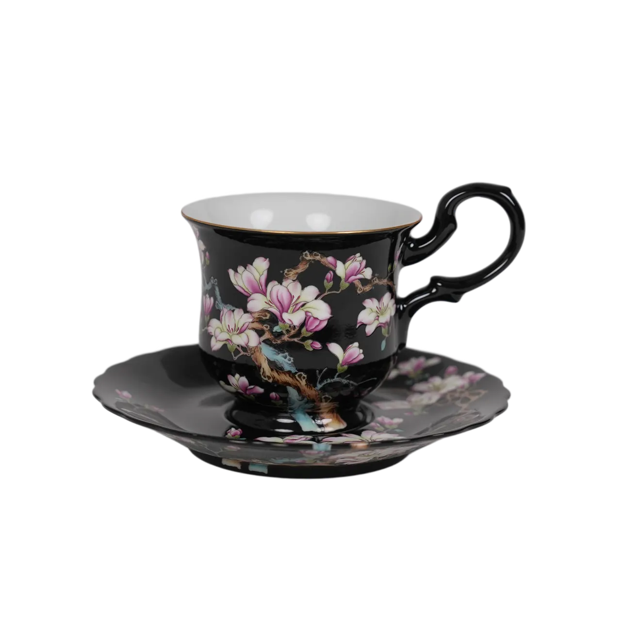 Front view of the black floral porcelain cup and saucer