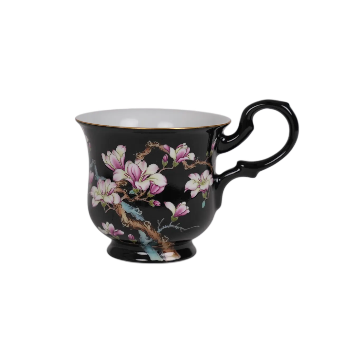 Front view of the black floral porcelain cup
