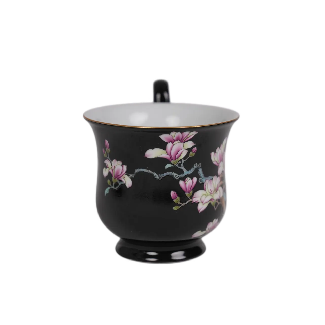 Reverse view of the black floral porcelain cup