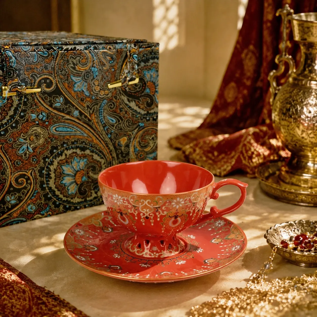 Red and gold porcelain cup shown in an interior setting