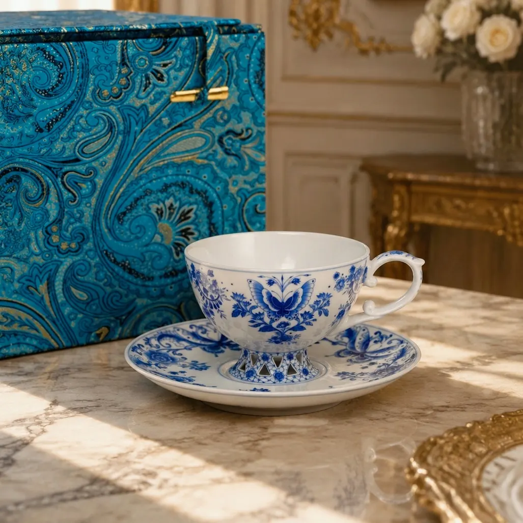 Floral porcelain work shown in an interior setting