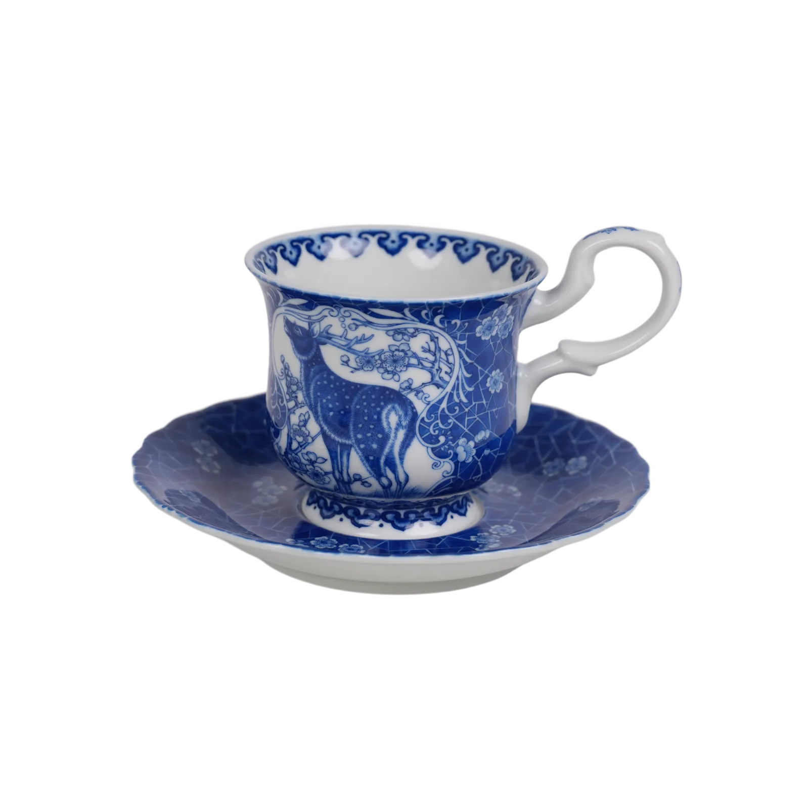 Front view of the Deer in Silent Snow porcelain cup and saucer