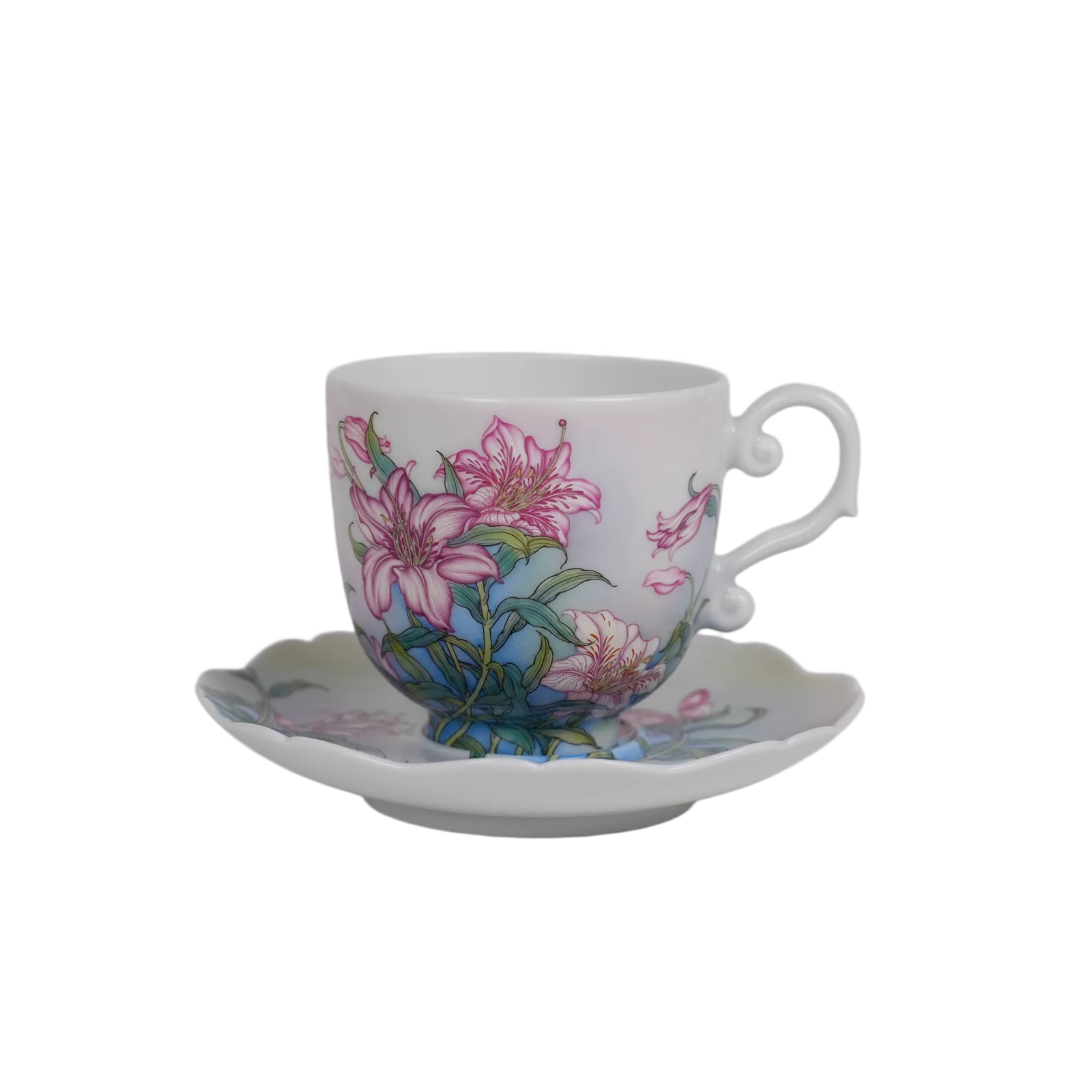 Front view of the Lily Symphony porcelain cup and saucer