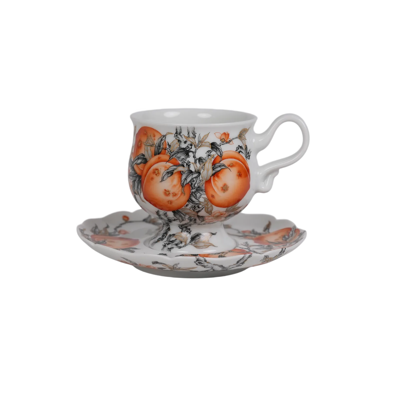 Front view of the Peach Reverie porcelain cup and saucer