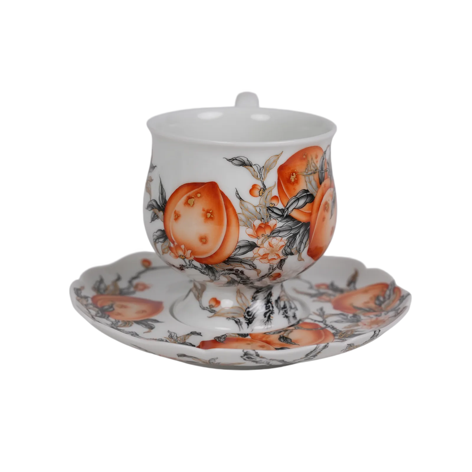 Second view of the peach decoration on the porcelain cup