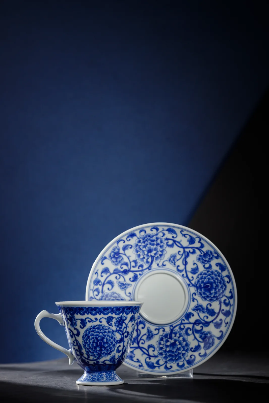 Peony Scroll Cup and saucer arranged together