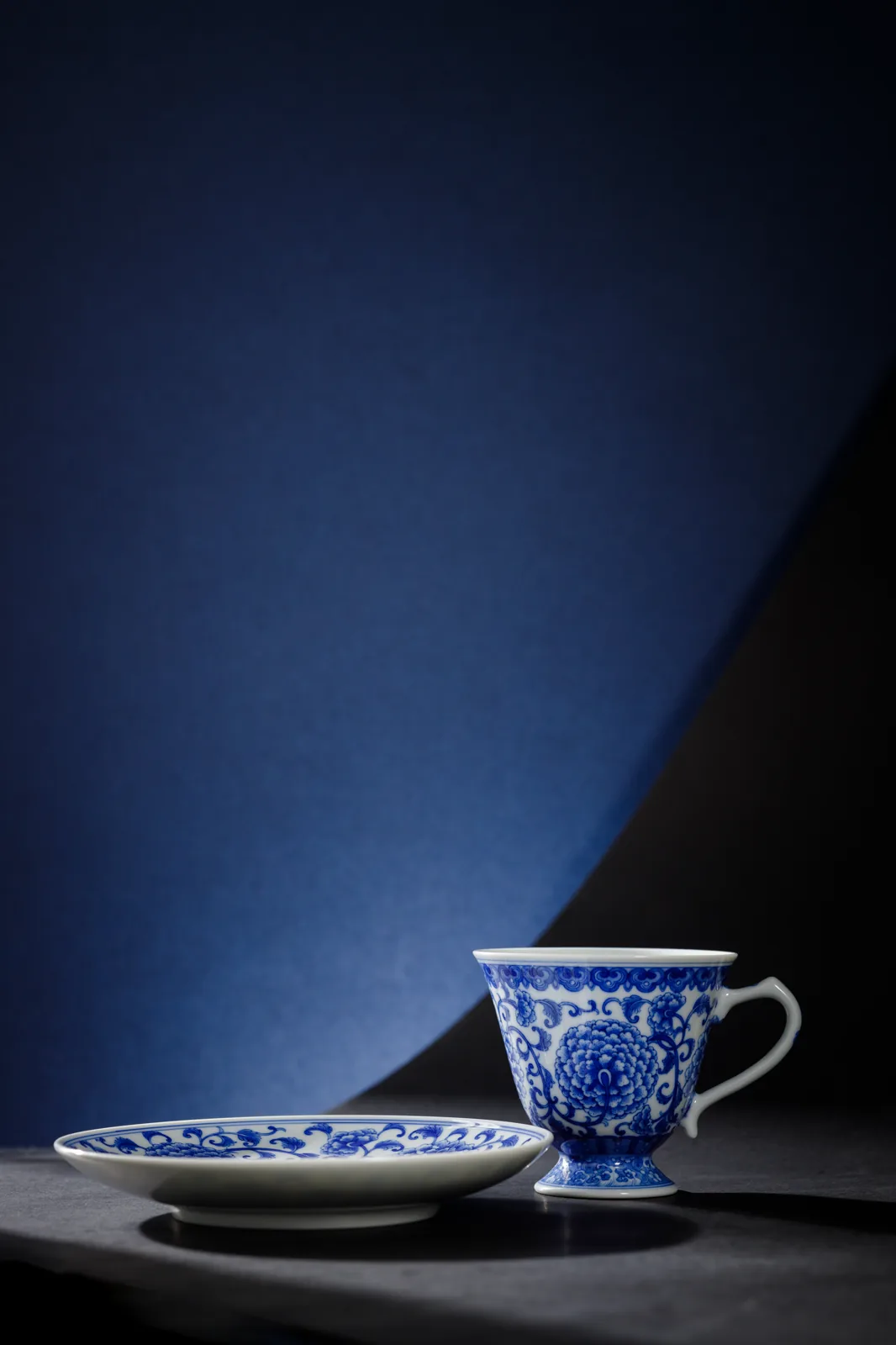 Profile view of the Peony Scroll Cup and saucer